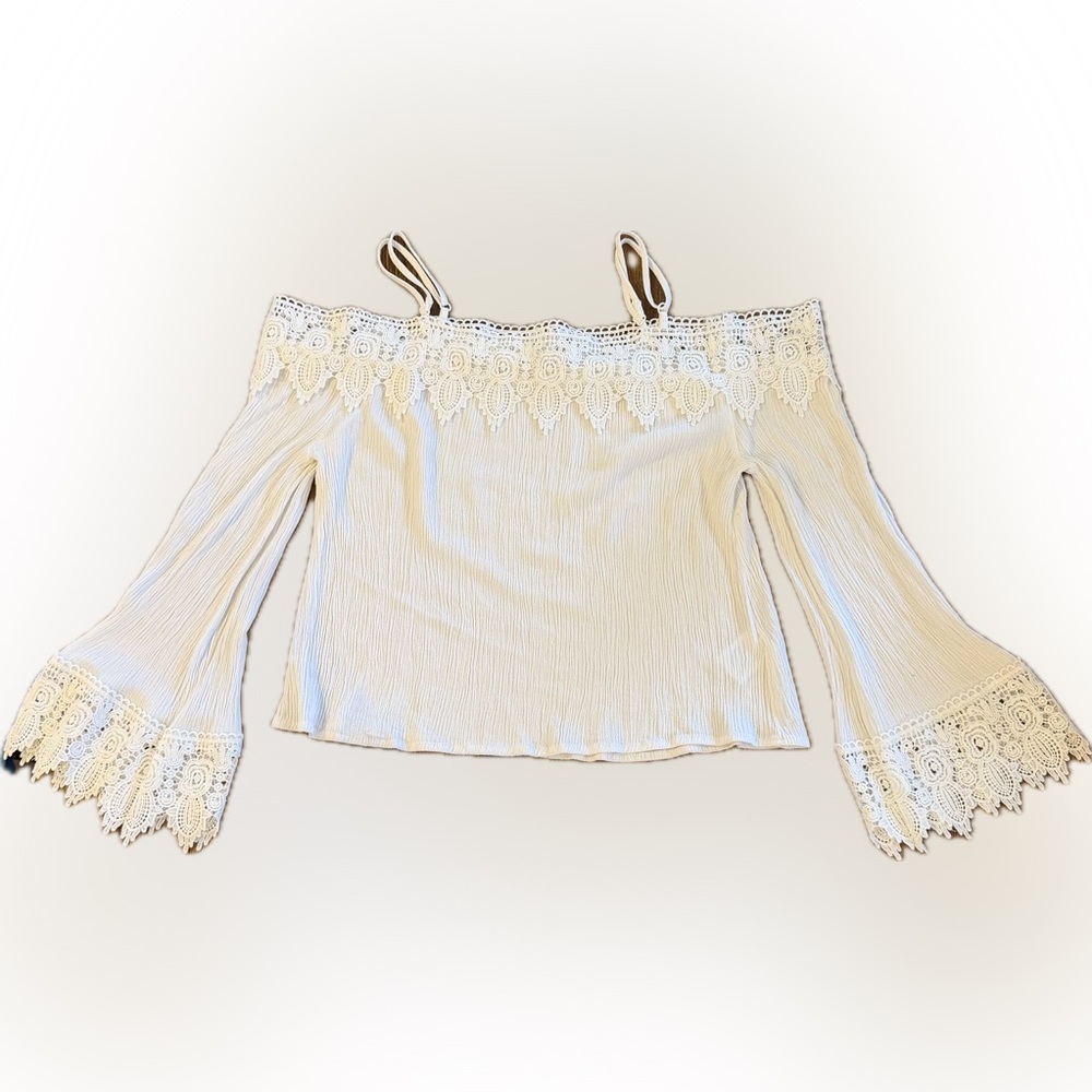 White Lace Off the Shoulder w/Spaghetti Straps Gauze Crop Top Size Medium Boho